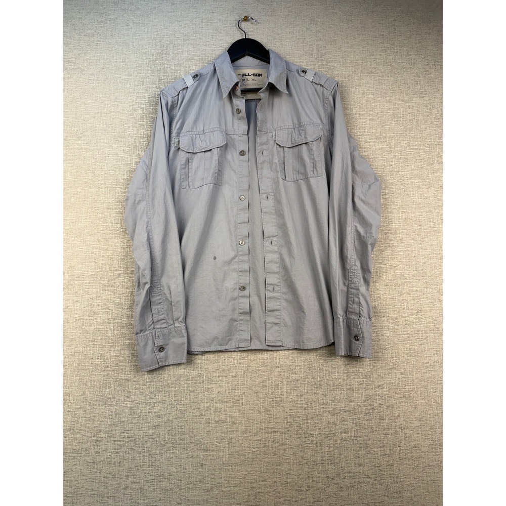 All-Son Mens Medium Gray Ripstop Long Sleeve Utility Button Down Shirt Epaulette